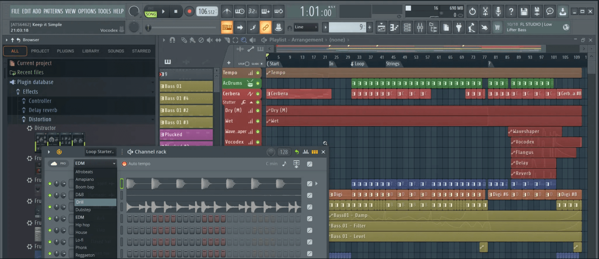 FL Studio on screen: the Playlist arranged with drum, bass and synth clips, the Channel Rack open on a Loop Starter genre list, and automation lanes for Waveshaper, Vocodex, Delay and Reverb