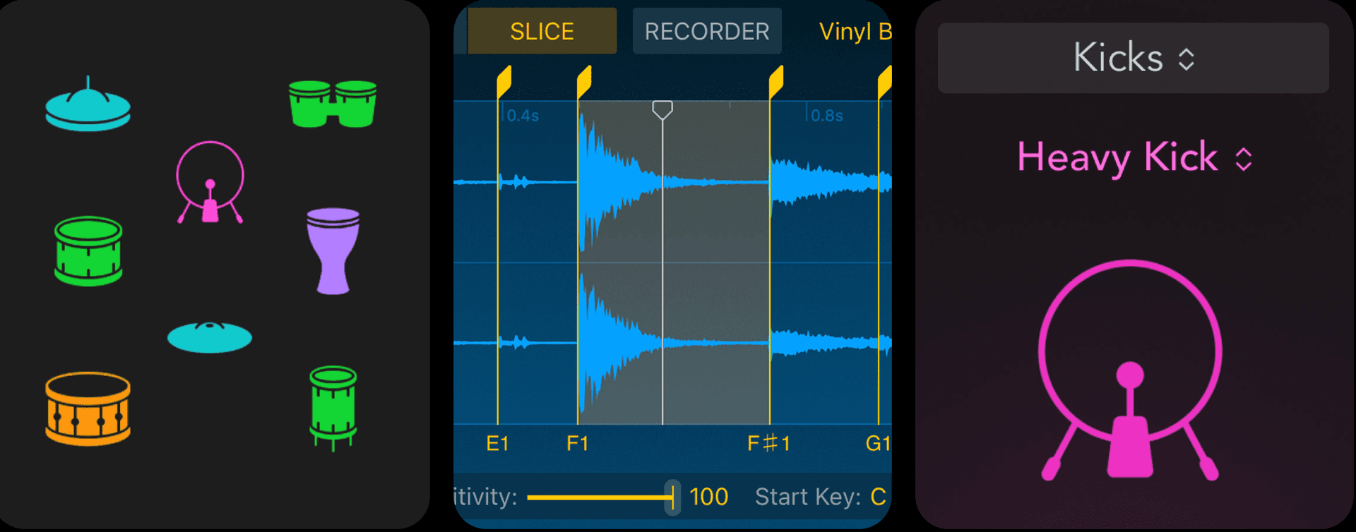 Logic Pro on screen: the Drum Machine Designer kit pads, a kick sample sliced across E1 to G1 in Quick Sampler, and the Heavy Kick patch open in the Kicks browser